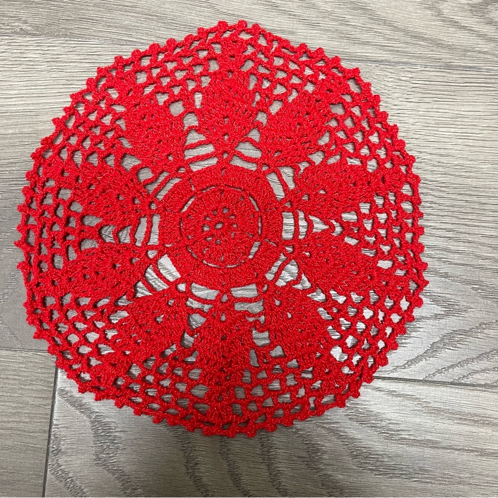 Red Hand Crochet Lace Doily Table Placemats Runner Farmhouse Fabric Coaster